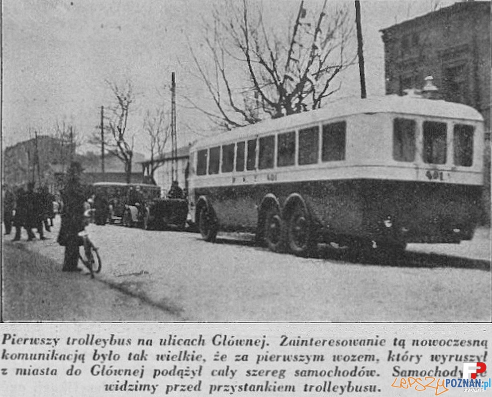 Trolejbus na Głównej, lata 30 XX wieku  Foto: Samochód, nr 20 1930, fotopolska.eu
