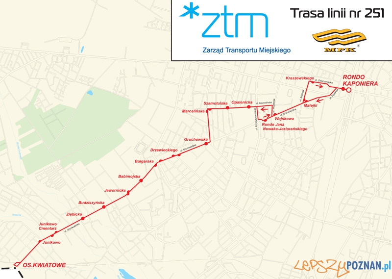 Przebieg trasy linii 251 po zmianach na rondzie Jana Nowaka Jeziorańskiego Foto: Przebieg trasy linii 251 po zmianach na rondzie Jana Nowaka Jeziorańskiego Foto: