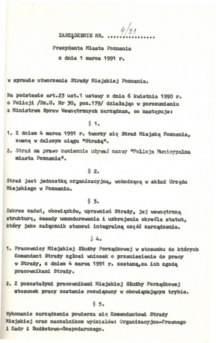 Zarządzenie prezydenta Poznania o utworzeniu Straży Miejskiej Foto: UMP Zarządzenie prezydenta Poznania o utworzeniu Straży Miejskiej Foto: UMP