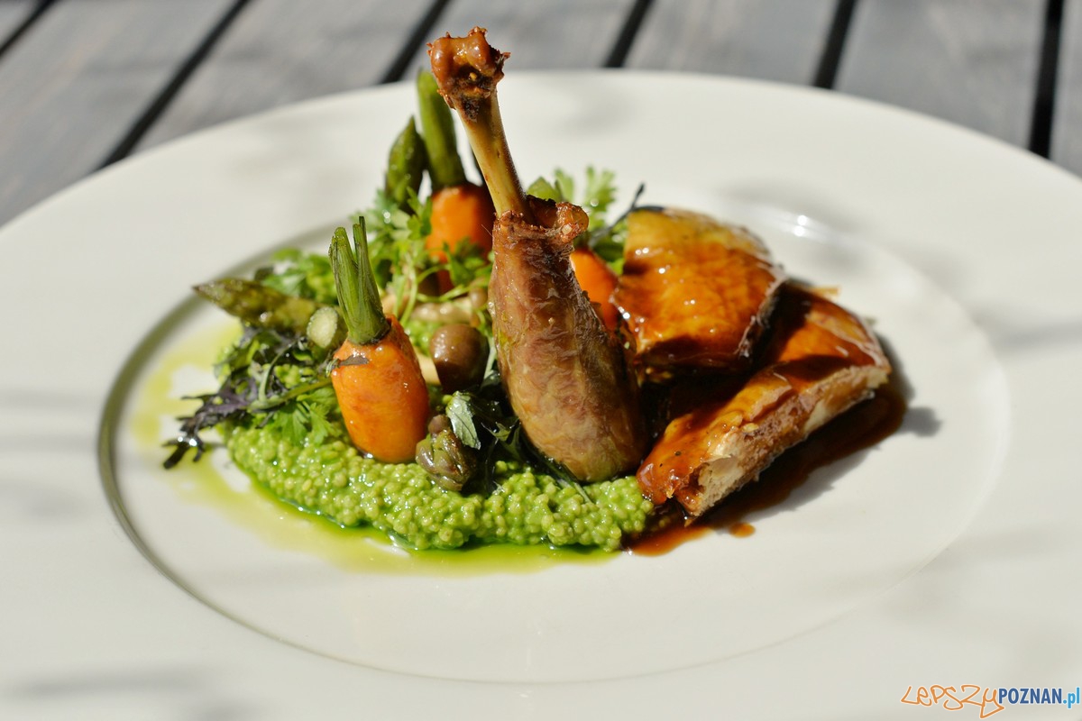 14. Room -Perliczka konfitowana z czosnkiem i rozmarynem, Zielona kasza jaglana, olej tymiankowy, szpa Foto: 14. Room -Perliczka konfitowana z czosnkiem i rozmarynem, Zielona kasza jaglana, olej tymiankowy, szpa Foto: